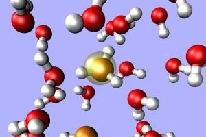 Computer simulation of strongly acidic aqueous solutions showing unusual pairing of hydronium ions.