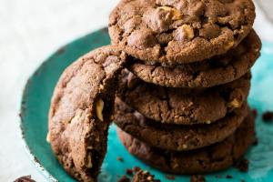 brown cookies on blue and white ceramic plate